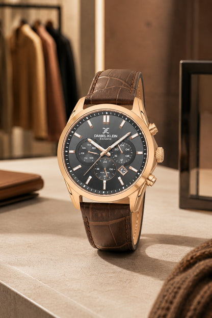Men Grey Dial Brown Leather Strap Chronograph Analogue Watch
