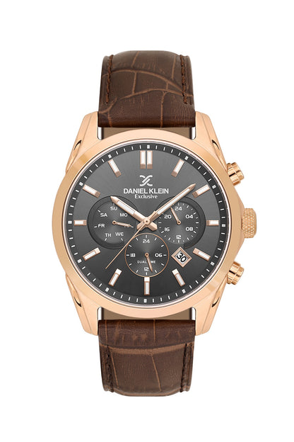 Men Grey Dial Brown Leather Strap Chronograph Analogue Watch