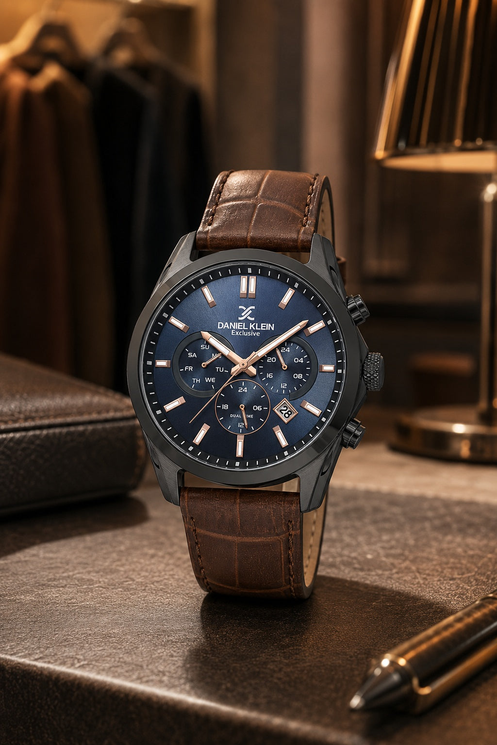 Men Blue Dial Brown Leather Strap Chronograph Analogue Watch