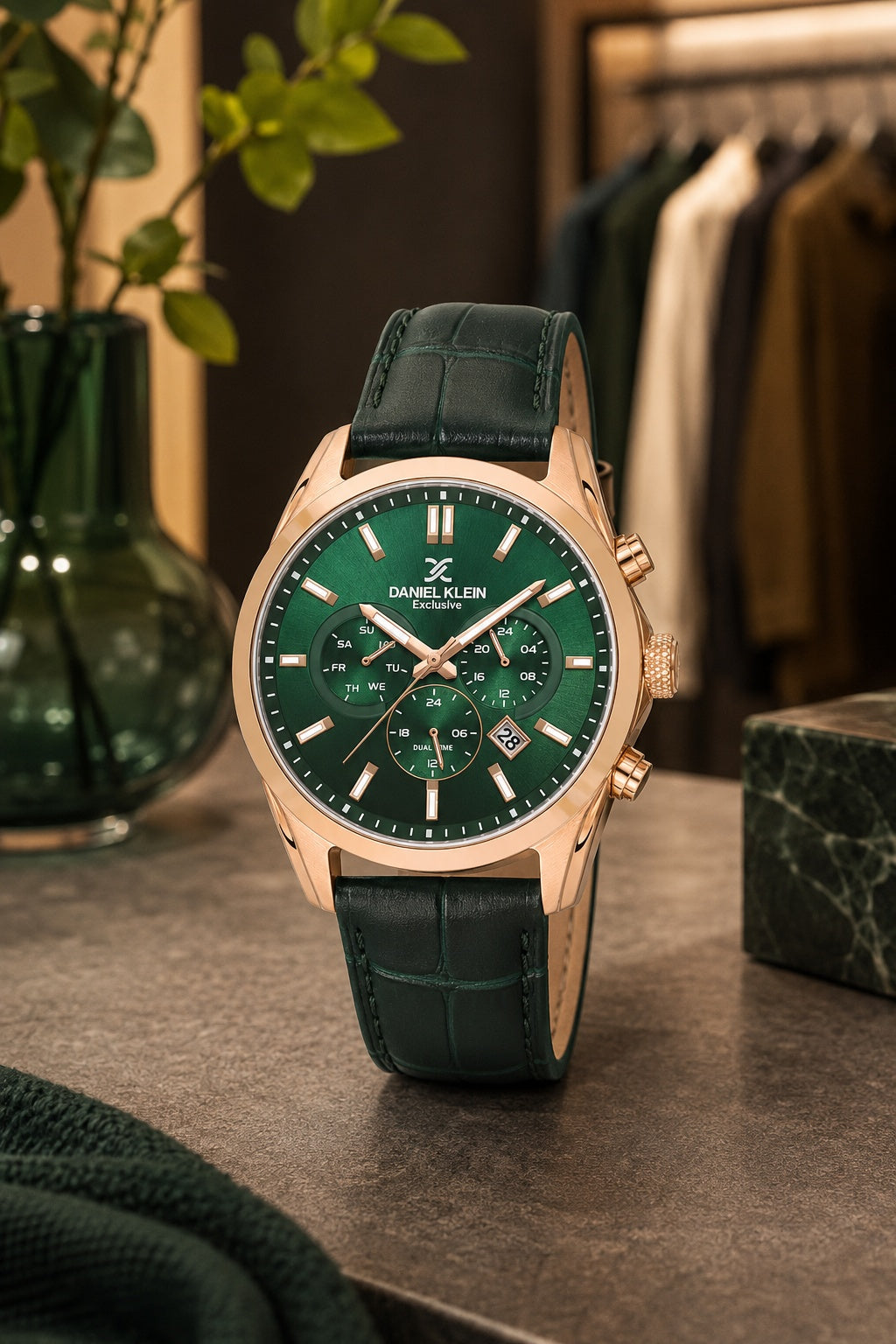 Men Green Dial Green Leather Strap Chronograph Analogue Watch