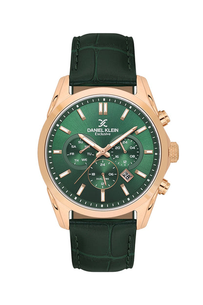 Men Green Dial Green Leather Strap Chronograph Analogue Watch