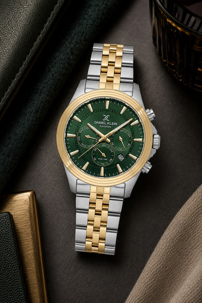 Men Green Dial Gold &amp; Silver Chronograph Analogue Watch