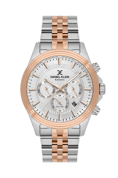 Men Silver Dial Rose Gold &amp; Silver Chronograph Analogue Watch