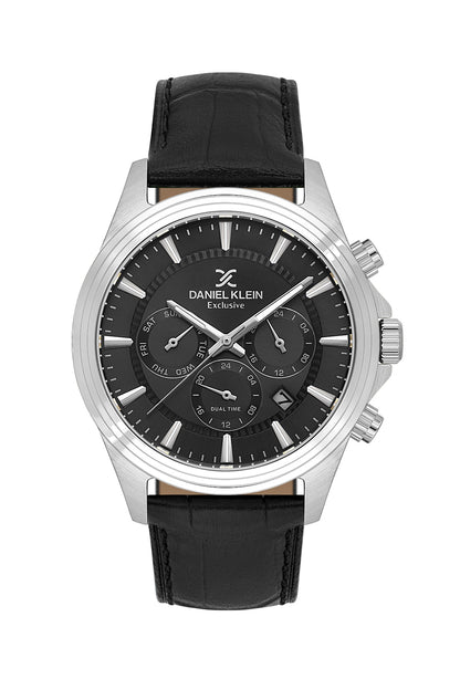 Men Black Dial Black Leather Strap Chronograph Analogue Watch