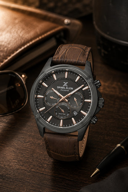 Men Grey Dial Brown Leather Strap Chronograph Analogue Watch