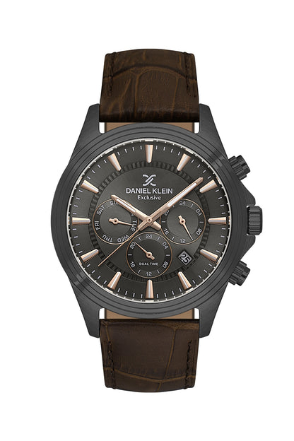 Men Grey Dial Brown Leather Strap Chronograph Analogue Watch