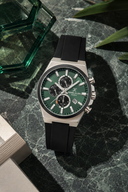 Men Green Dial Black Silicone Strap Chronograph Analogue Watch