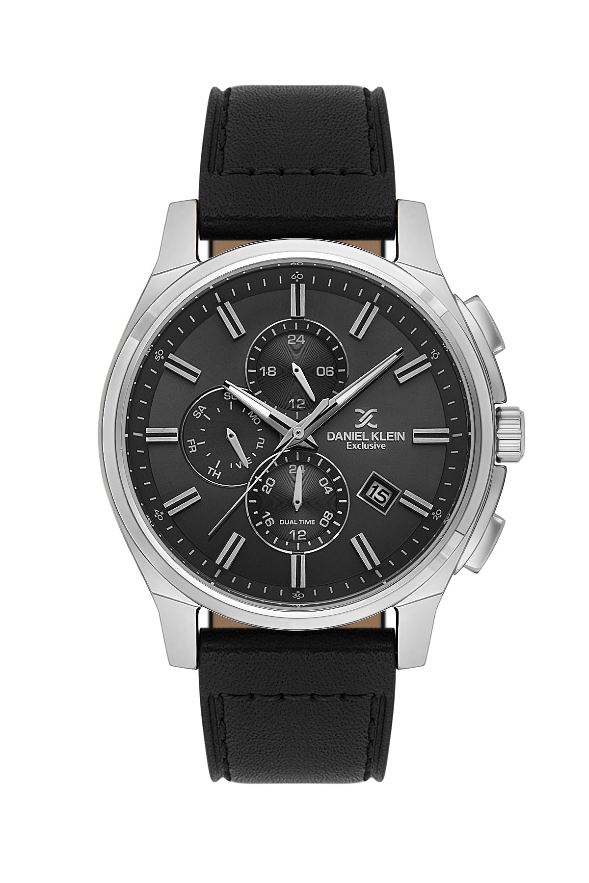 Men Grey Dial Black Leather Strap Chronograph Analogue Watch