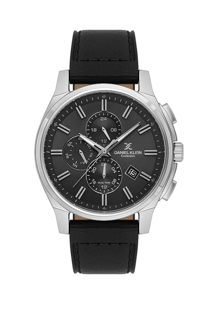 Men Grey Dial Black Leather Strap Chronograph Analogue Watch