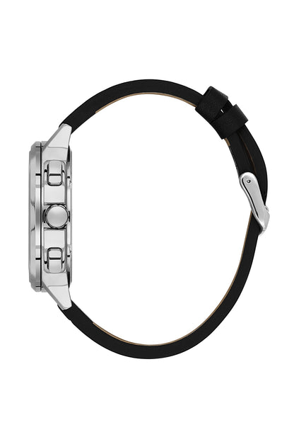 Men Grey Dial Black Leather Strap Chronograph Analogue Watch