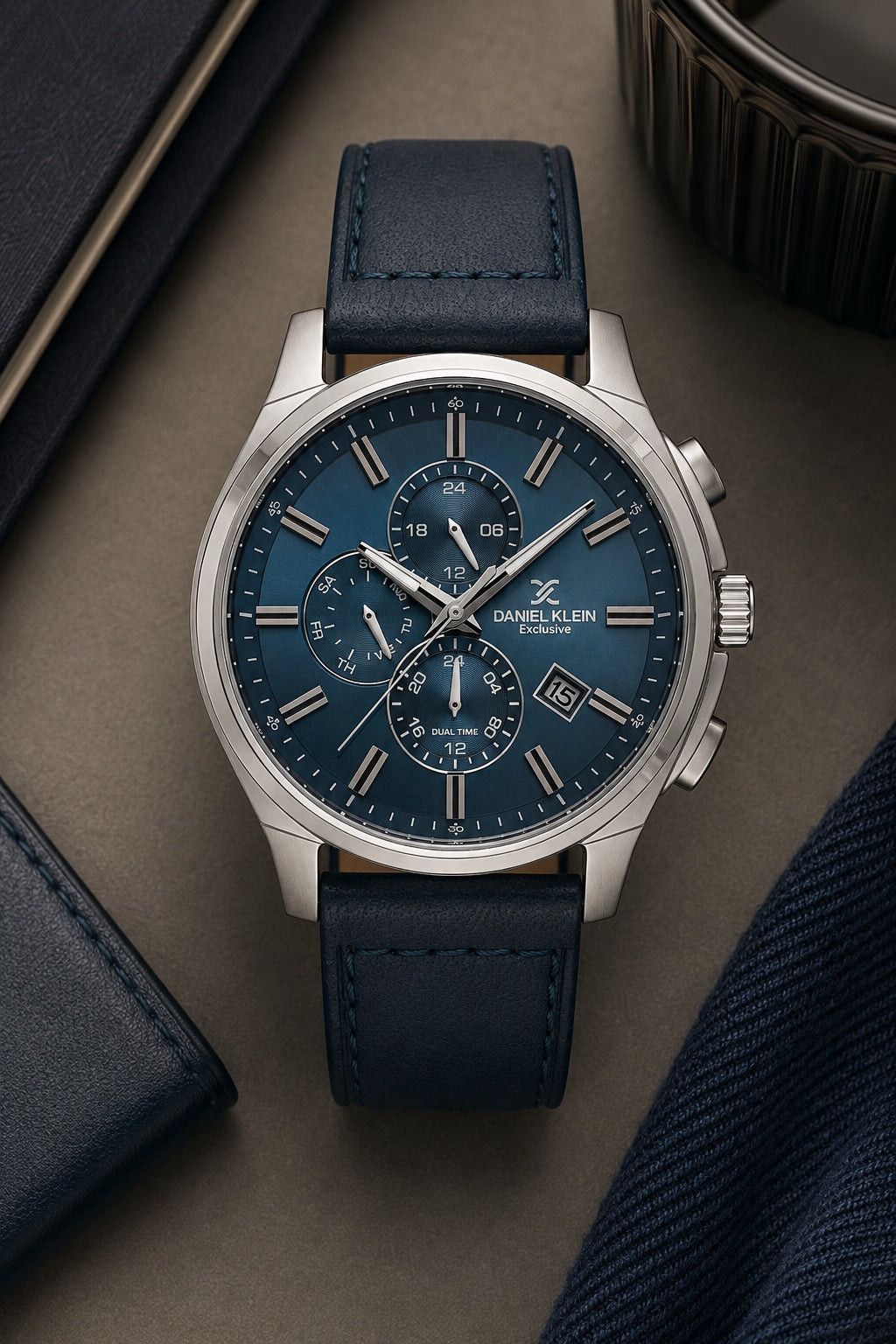 Men Blue Dial Blue Leather Strap Chronograph Analogue Watch