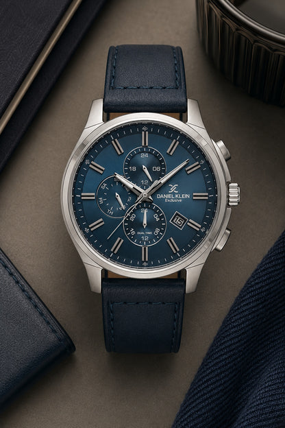 Men Blue Dial Blue Leather Strap Chronograph Analogue Watch