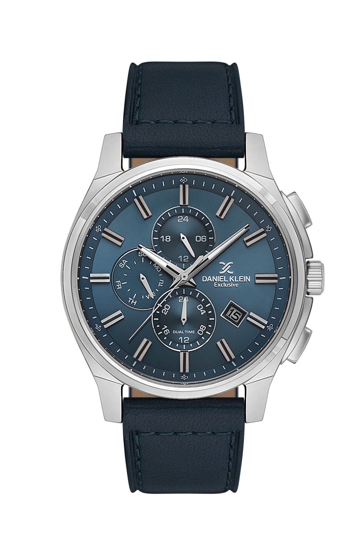 Men Blue Dial Blue Leather Strap Chronograph Analogue Watch