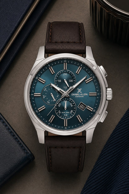 Men Blue Dial Brown Leather Strap Chronograph Analogue Watch