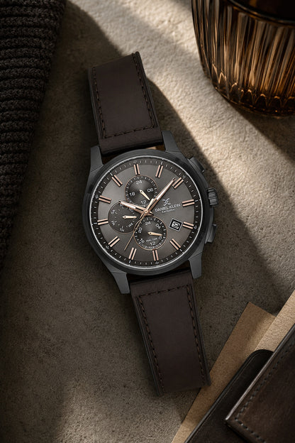 Men Grey Dial Brown Leather Strap Chronograph Analogue Watch