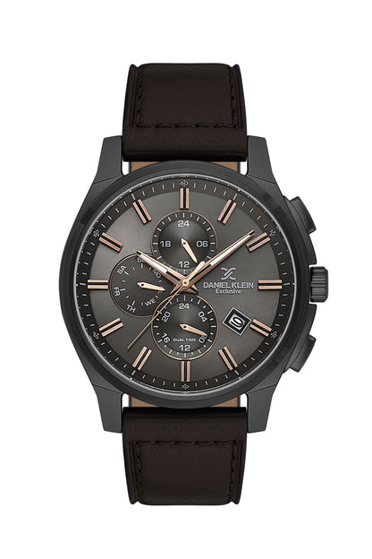 Men Grey Dial Brown Leather Strap Chronograph Analogue Watch