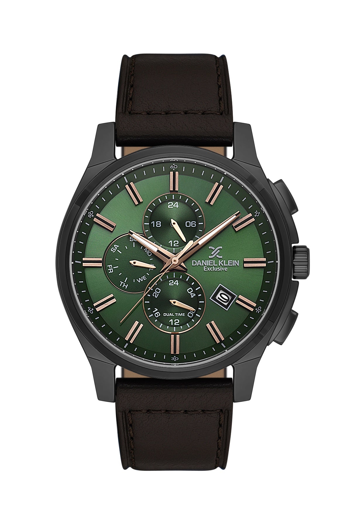 Men Green Dial Brown Leather Strap Chronograph Analogue Watch