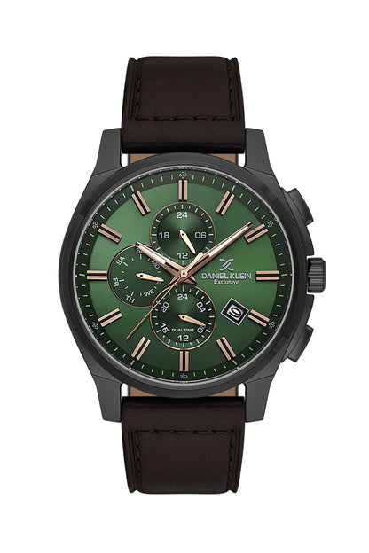 Men Green Dial Brown Leather Strap Chronograph Analogue Watch