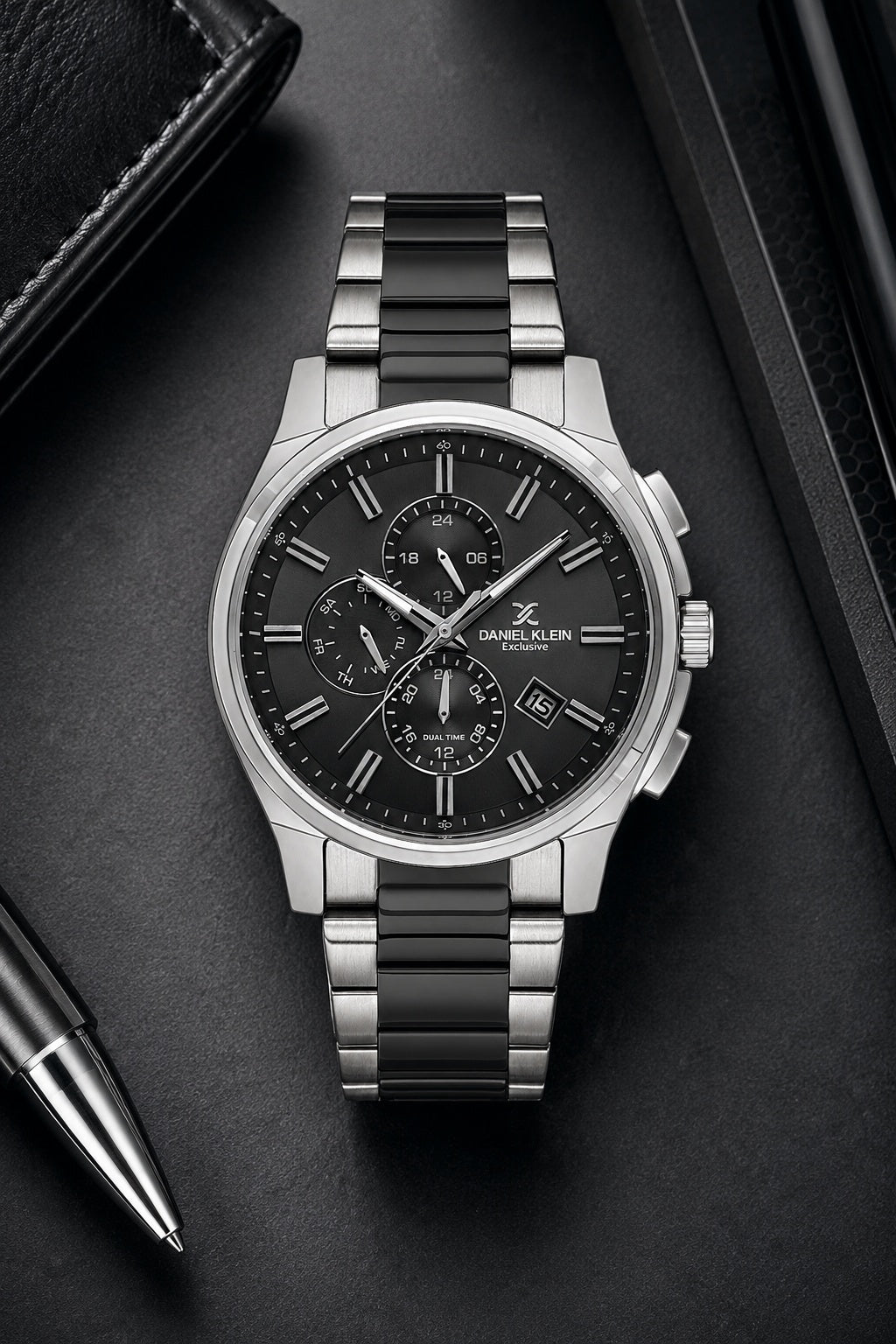 Men Grey Dial Silver &amp; Black Chronograph Analogue Watch