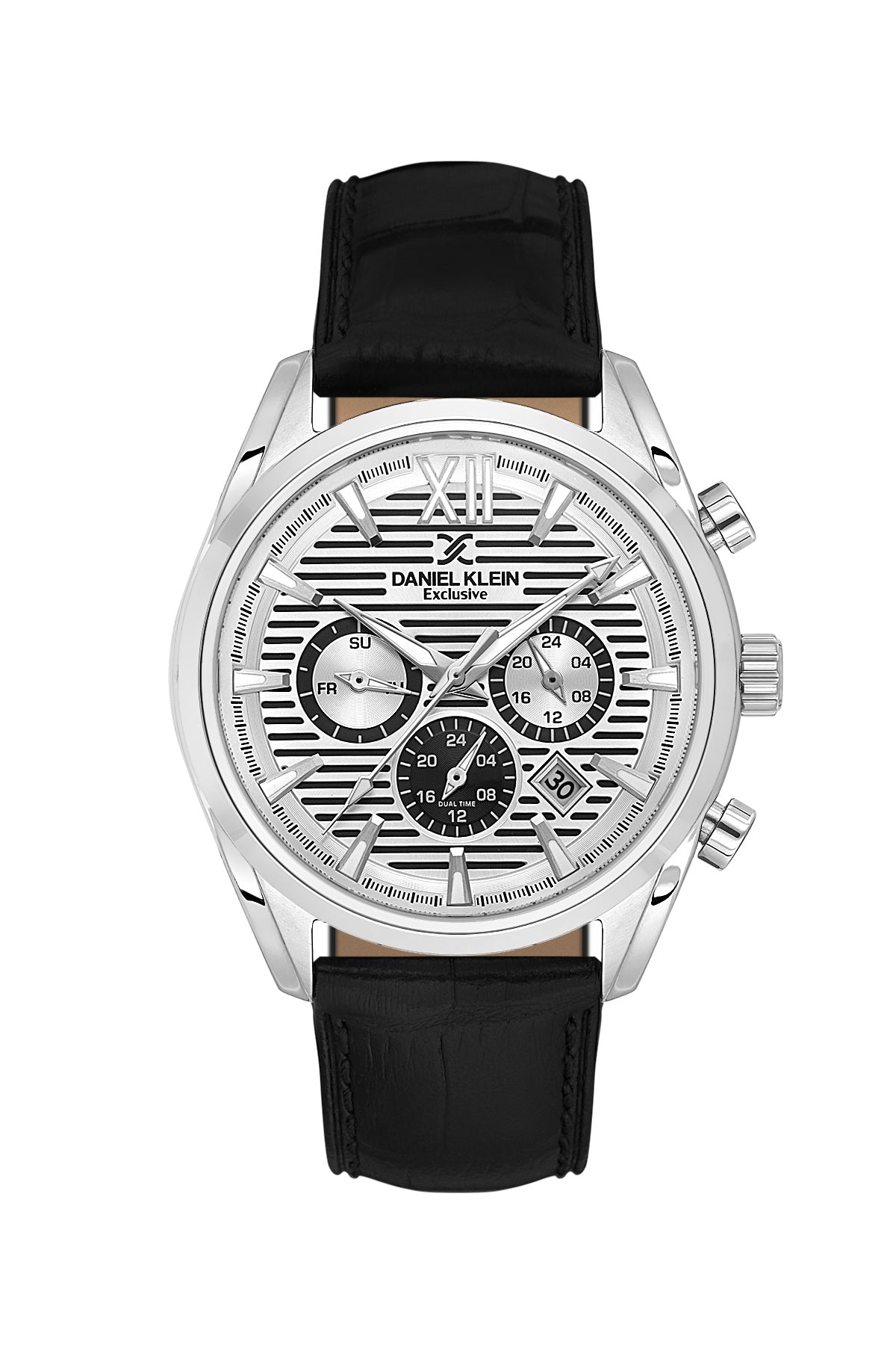 Men Silver Dial Black Leather Strap Chronograph Analogue Watch
