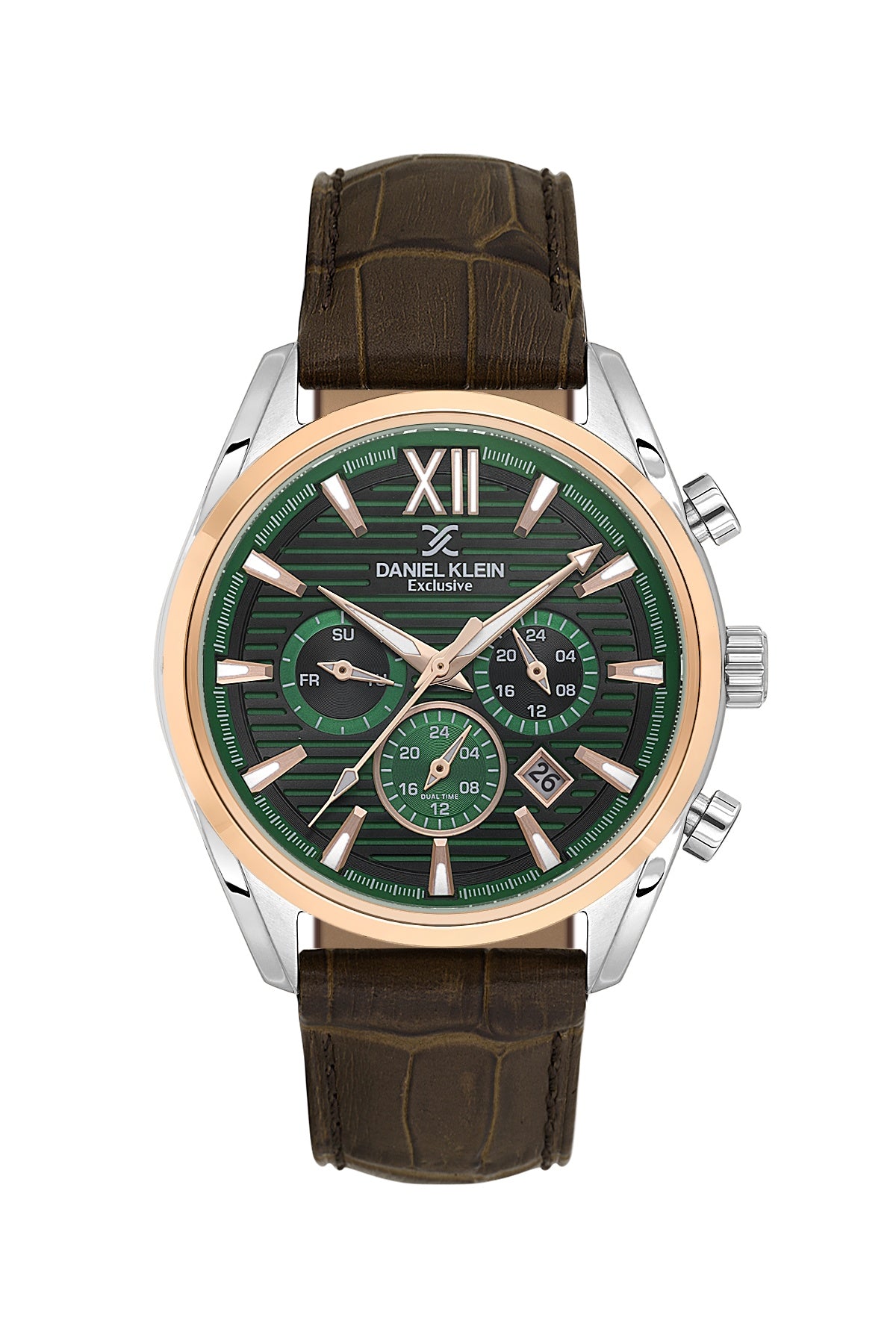 Men Green Dial Brown Leather Strap Chronograph Analogue Watch