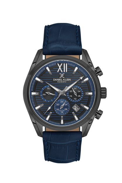 Men Blue Dial Blue Leather Strap Chronograph Analogue Watch