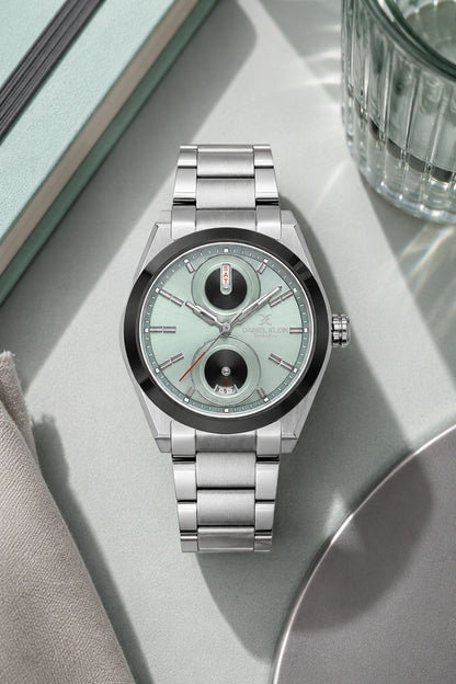 Men Green Dial Silver Multifunction Analogue Watch