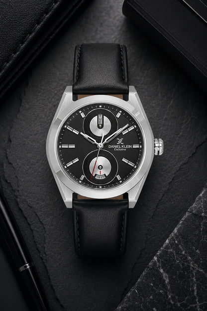 Men Grey Dial Black Leather Strap Multifunction Analogue Watch