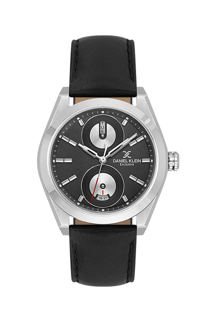 Men Grey Dial Black Leather Strap Multifunction Analogue Watch