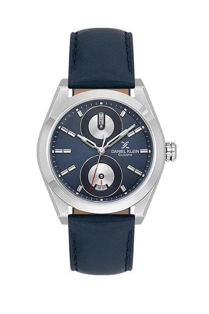 Men Blue Dial Blue Leather Strap Multifunction Analogue Watch
