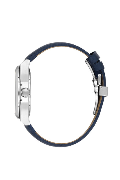 Men Blue Dial Blue Leather Strap Multifunction Analogue Watch
