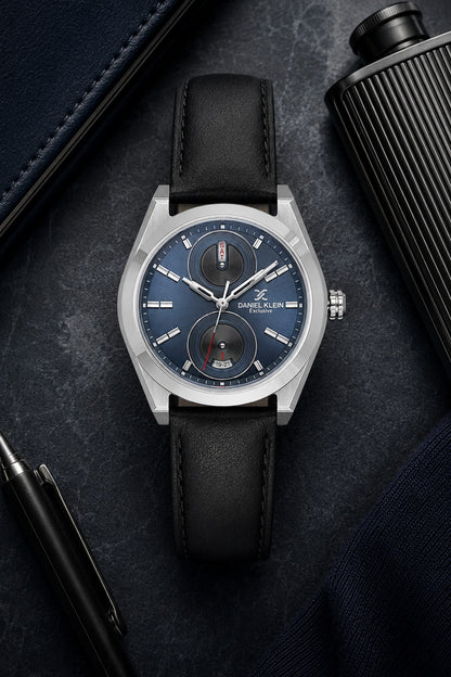 Men Blue Dial Black Leather Strap Multifunction Analogue Watch