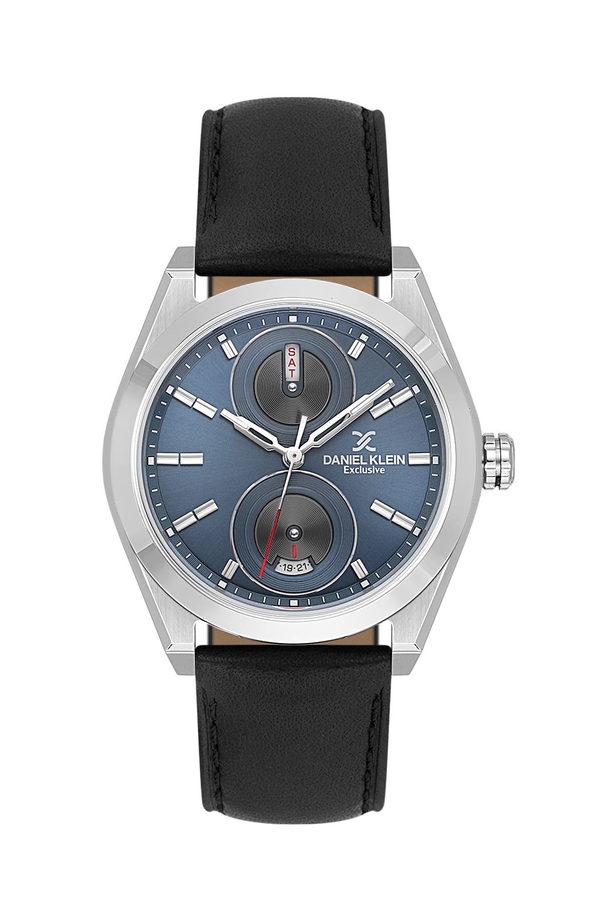 Men Blue Dial Black Leather Strap Multifunction Analogue Watch