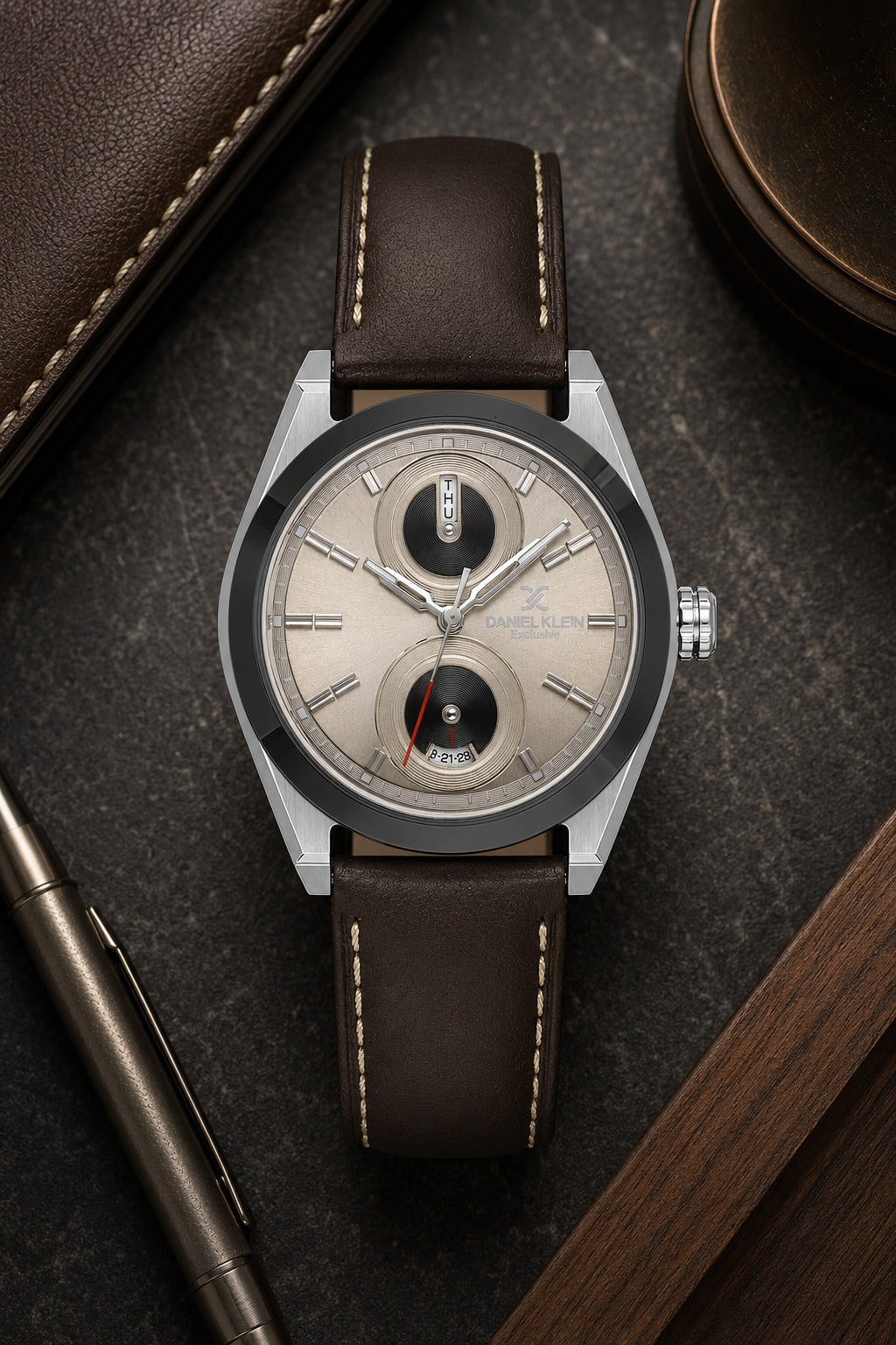 Men Grey Dial Brown Leather Strap Multifunction Analogue Watch