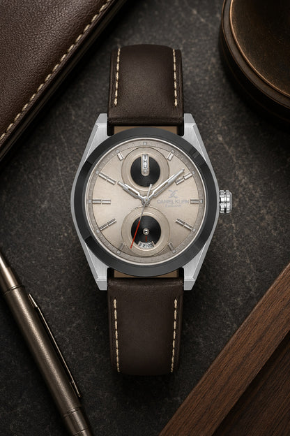 Men Grey Dial Brown Leather Strap Multifunction Analogue Watch