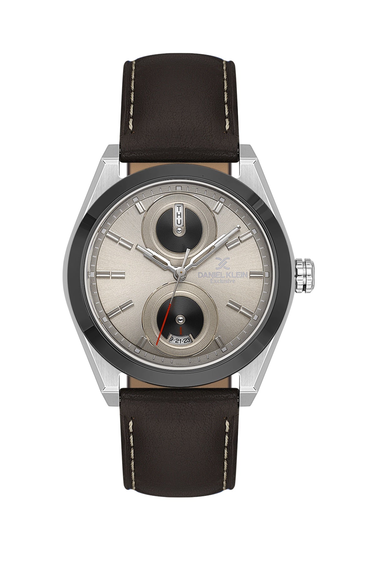 Men Grey Dial Brown Leather Strap Multifunction Analogue Watch