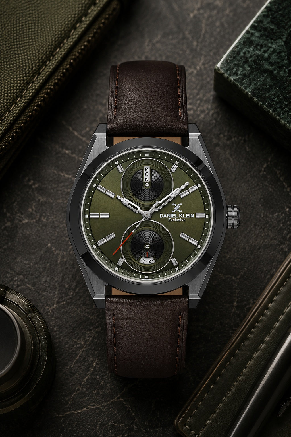 Men Olive Green Dial Brown Leather Strap Multifunction Analogue Watch