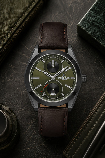 Men Olive Green Dial Brown Leather Strap Multifunction Analogue Watch