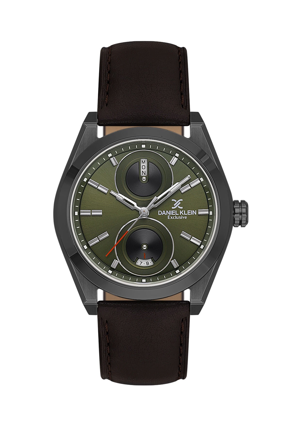 Men Olive Green Dial Brown Leather Strap Multifunction Analogue Watch