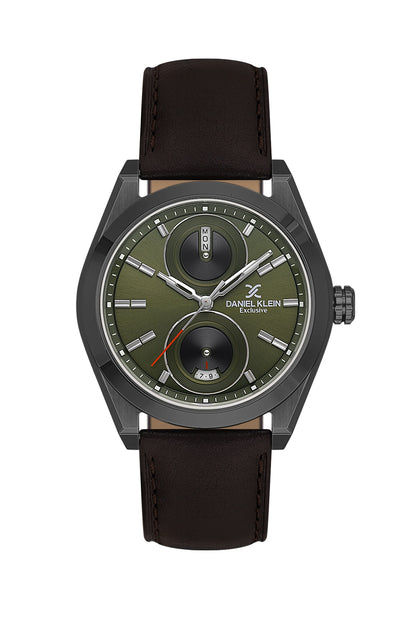 Men Olive Green Dial Brown Leather Strap Multifunction Analogue Watch