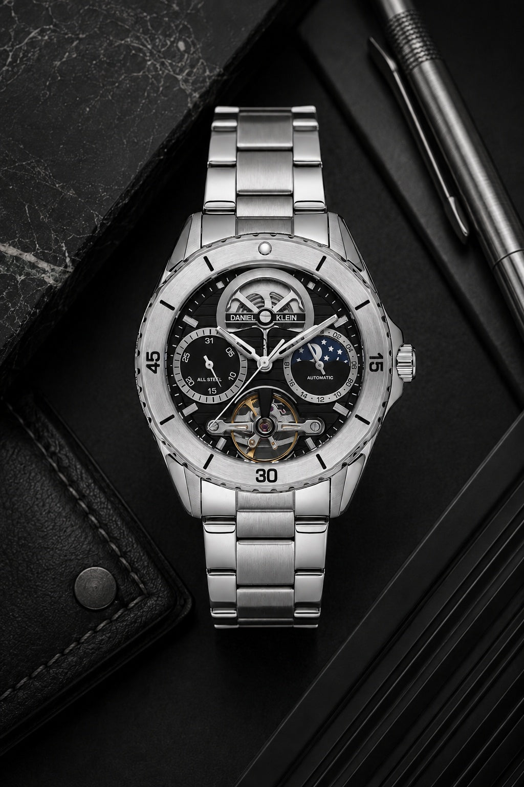 Men Black Skeleton Dial Stainless Steel Automatic Analogue Watch