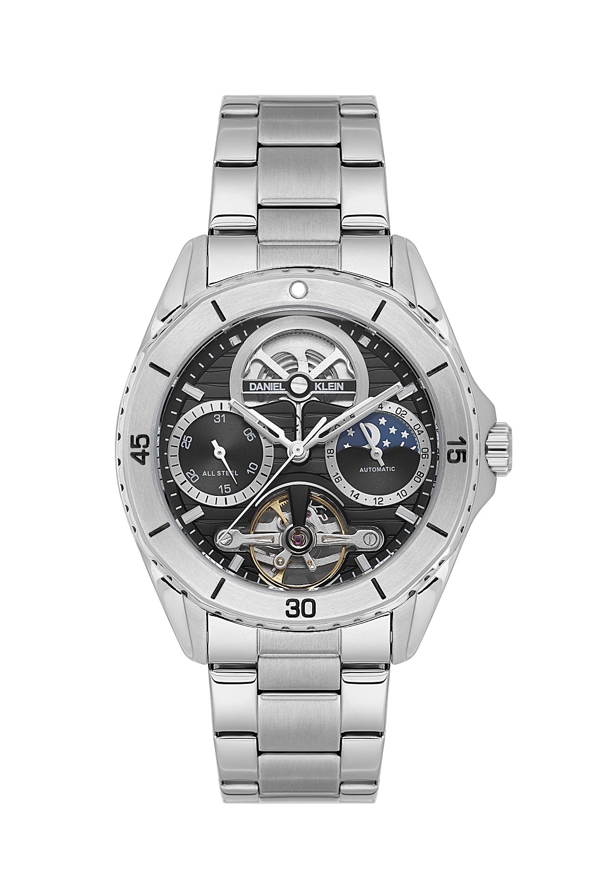 Men Black Skeleton Dial Stainless Steel Automatic Analogue Watch