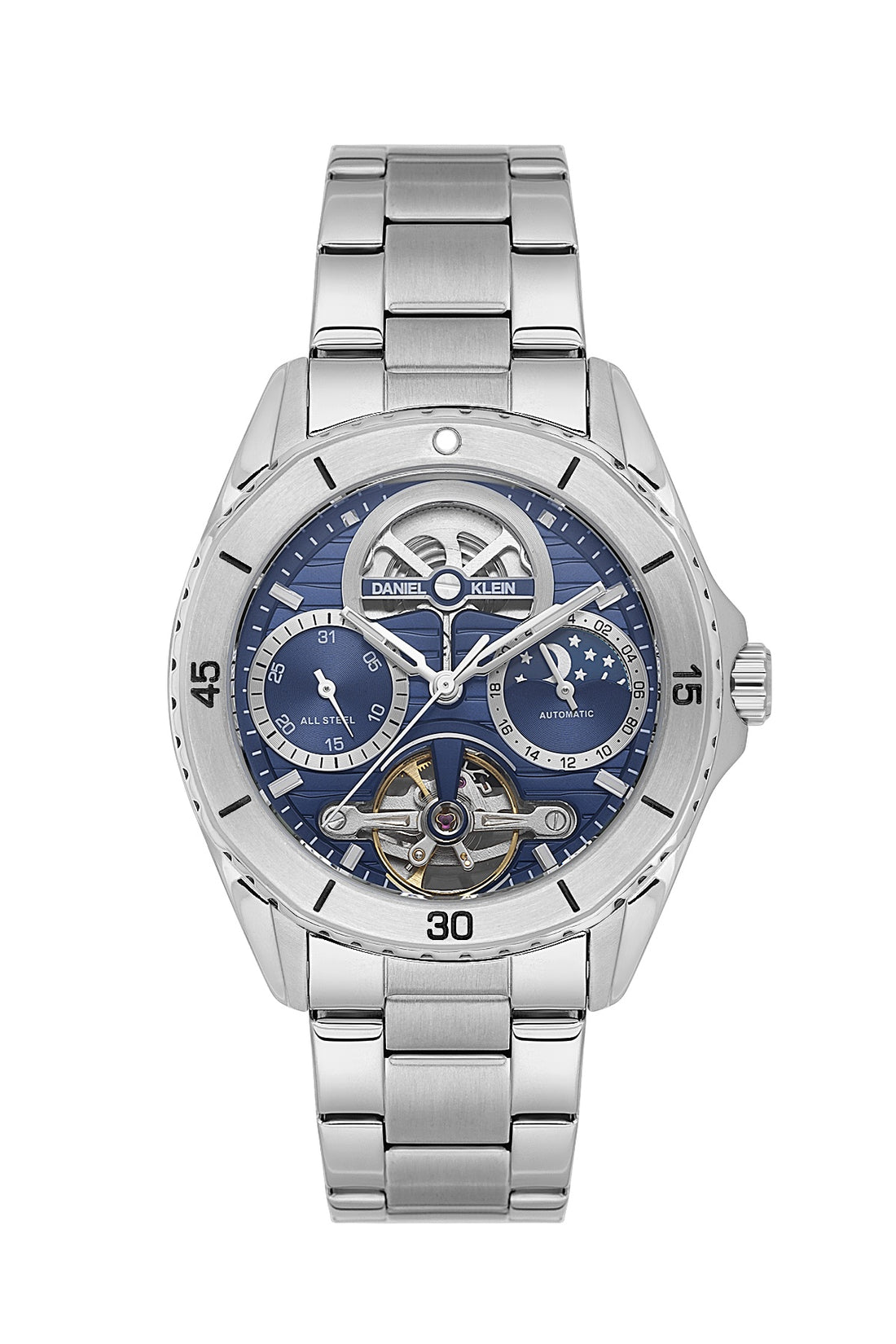 Men Royal Blue Skeleton Dial Stainless Steel Automatic Analogue Watch