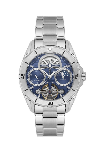 Men Royal Blue Skeleton Dial Stainless Steel Automatic Analogue Watch