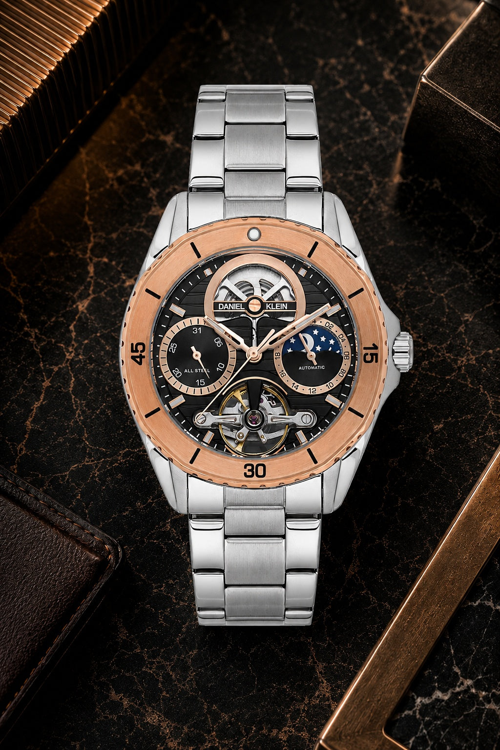 Men Black Skeleton Dial Stainless Steel Automatic Analogue Watch
