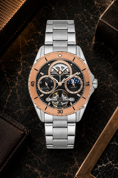 Men Black Skeleton Dial Stainless Steel Automatic Analogue Watch