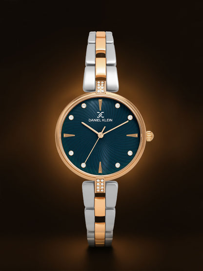 "Daniel Klein Women’s Rose &amp; Silver Two-Tone Bracelet Watch – Bold Blue Dial, Premium Design "