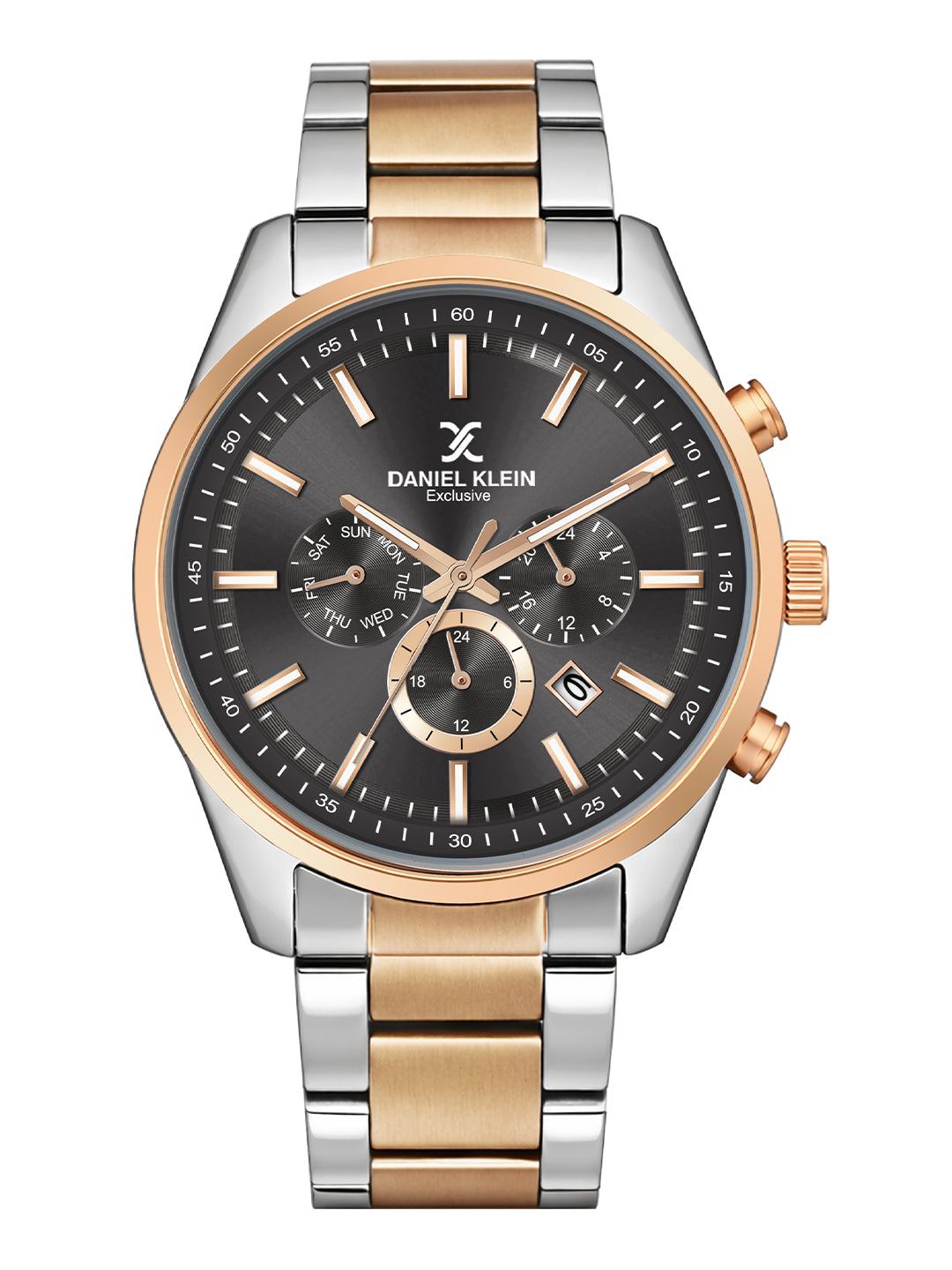 Daniel Klein Men Analog Multifunction Watch | Rose Gold Silver Case | Grey Dial with Day Date 24-hour format | Two Tone Metal Strap | 44 mm | Water Resistant 3 ATM | DK.20.13348-9