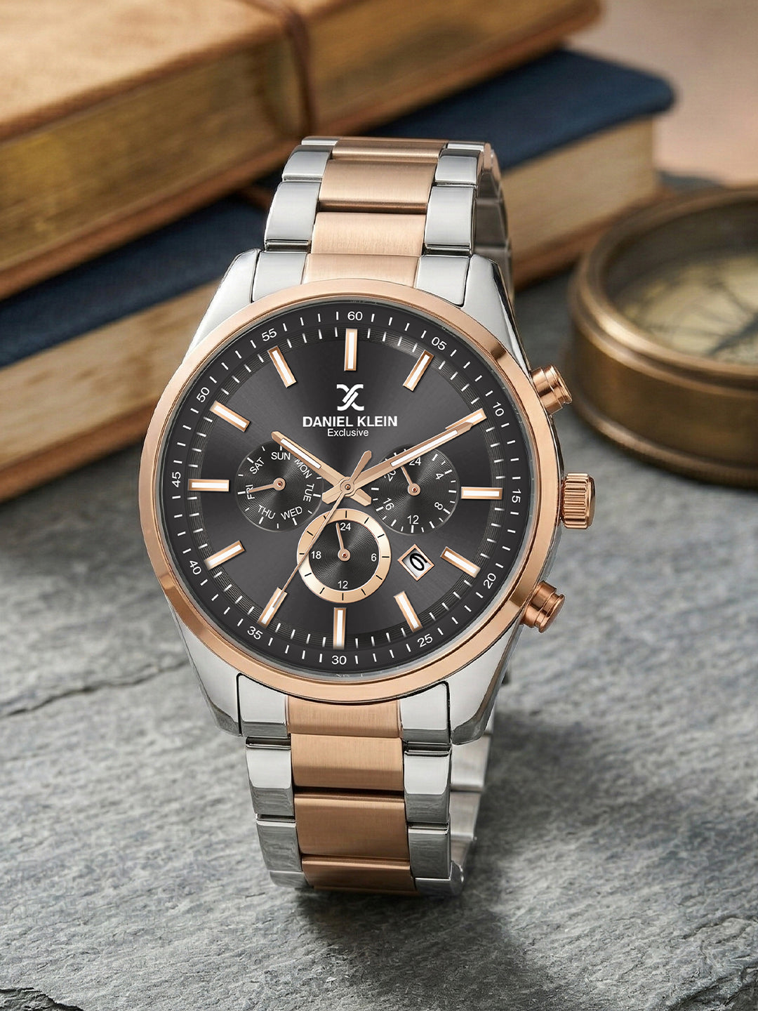 Daniel Klein Men Analog Multifunction Watch | Rose Gold Silver Case | Grey Dial with Day Date 24-hour format | Two Tone Metal Strap | 44 mm | Water Resistant 3 ATM | DK.20.13348-9