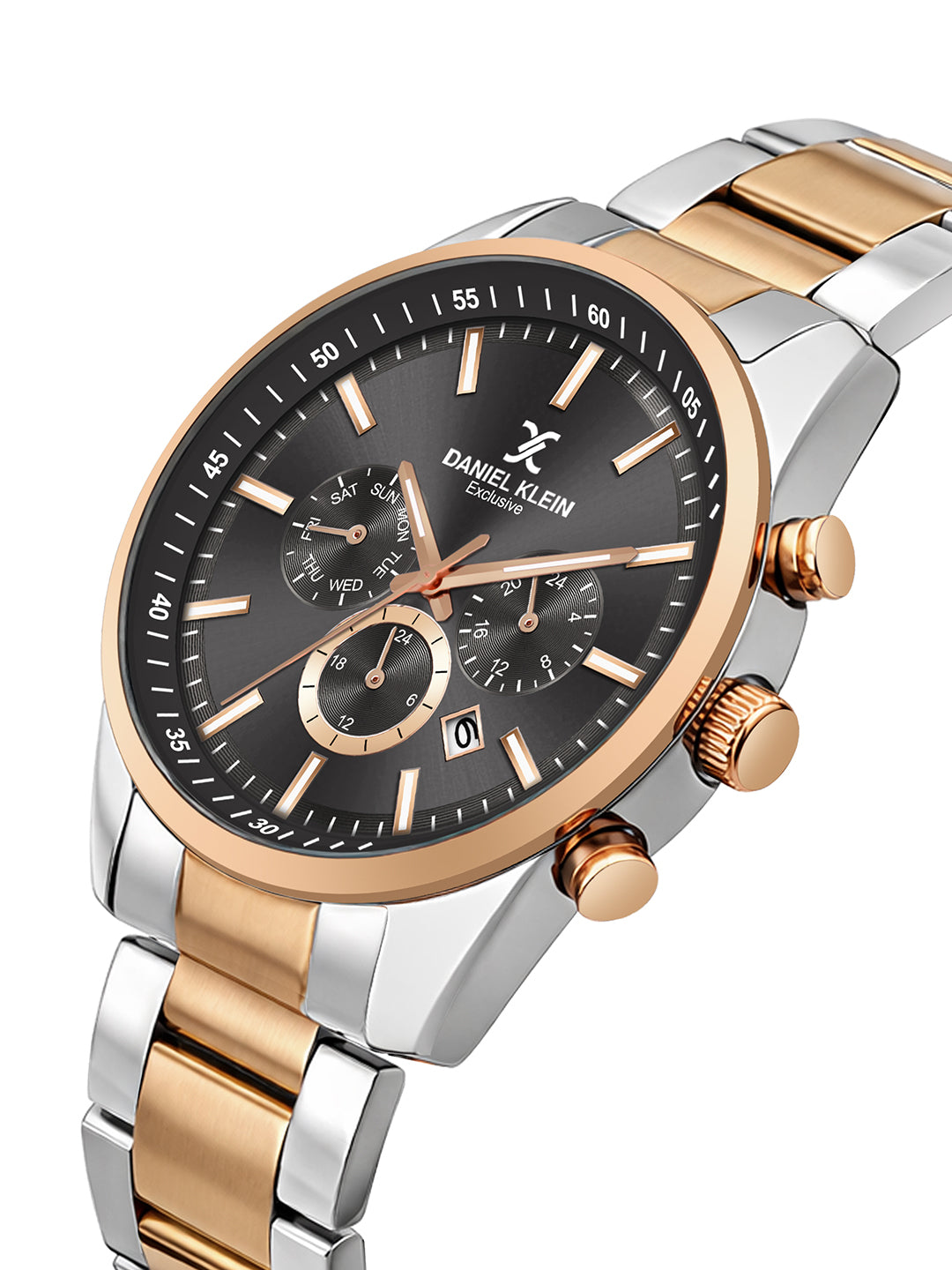 Daniel Klein Men Analog Multifunction Watch | Rose Gold Silver Case | Grey Dial with Day Date 24-hour format | Two Tone Metal Strap | 44 mm | Water Resistant 3 ATM | DK.20.13348-9